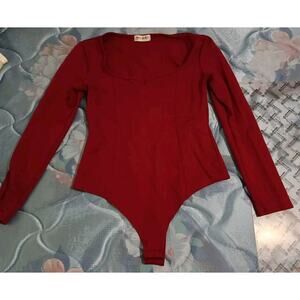 Popular Women's Square Neck Long Sleeve BodySuit Top 1-Pcs Burgundy Red 21/S
